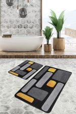 - PaspasTakimi-2li-Set1682-Gorsel-2 - Realhomes 2'li Set Gold - Siyah Zeminde Kanvas Motifli Gold Desenli Modern Sade & Şık 2'li Banyo & Mutfak Paspas Takımı Realhomes