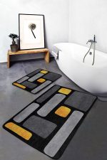 - PaspasTakimi-2li-Set1682-Gorsel-4 - Realhomes 2'li Set Gold - Siyah Zeminde Kanvas Motifli Gold Desenli Modern Sade & Şık 2'li Banyo & Mutfak Paspas Takımı Realhomes