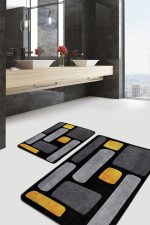 - PaspasTakimi-2li-Set1682-Gorsel-5 - Realhomes 2'li Set Gold - Siyah Zeminde Kanvas Motifli Gold Desenli Modern Sade & Şık 2'li Banyo & Mutfak Paspas Takımı Realhomes