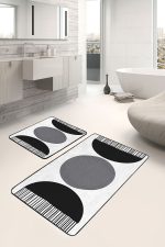 - PaspasTakimi-2li-Set1683-Gorsel-1 - Realhomes 2'li Set Gri - Siyah Zeminde Bohem Motifli Modern Sanat Desenli Bohem Sade & Şık 2'li Banyo & Mutfak Paspas Takımı Realhomes