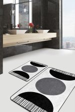 - PaspasTakimi-2li-Set1683-Gorsel-5 - Realhomes 2'li Set Gri - Siyah Zeminde Bohem Motifli Modern Sanat Desenli Bohem Sade & Şık 2'li Banyo & Mutfak Paspas Takımı Realhomes