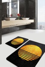 - PaspasTakimi-2li-Set1684-Gorsel-1 - Realhomes  2'li Set Gold - Siyah Zeminde Kanvas Motifli Güneş Desenli Modern Geometrik  2'li Banyo & Mutfak Paspas Takımı Realhomes