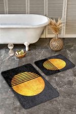 - Realhomes - Realhomes  2'li Set Gold - Siyah Zeminde Kanvas Motifli Güneş Desenli Modern Geometrik  2'li Banyo & Mutfak Paspas Takımı Realhomes