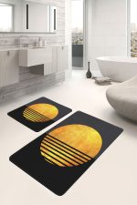 - PaspasTakimi-2li-Set1684-Gorsel-4 - Realhomes  2'li Set Gold - Siyah Zeminde Kanvas Motifli Güneş Desenli Modern Geometrik  2'li Banyo & Mutfak Paspas Takımı Realhomes