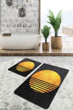 - PaspasTakimi-2li-Set1684-Gorsel-5 - Realhomes  2'li Set Gold - Siyah Zeminde Kanvas Motifli Güneş Desenli Modern Geometrik  2'li Banyo & Mutfak Paspas Takımı Realhomes