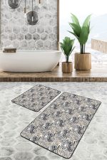 2'li Set Siyah - Gri Zeminde Tropik Motifli Yaprak Desenli Floral Klasik  2'li Banyo & Mutfak Paspas Takımı Realhomes