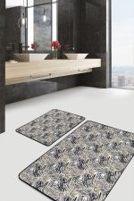 2'li Set Siyah - Gri Zeminde Tropik Motifli Yaprak Desenli Floral Klasik  2'li Banyo & Mutfak Paspas Takımı Realhomes