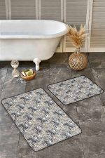 2'li Set Siyah - Gri Zeminde Tropik Motifli Yaprak Desenli Floral Klasik  2'li Banyo & Mutfak Paspas Takımı Realhomes