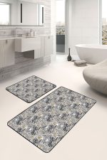 2'li Set Siyah - Gri Zeminde Tropik Motifli Yaprak Desenli Floral Klasik  2'li Banyo & Mutfak Paspas Takımı Realhomes