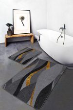 2'li Set Gold - Antrasit Zeminde Kanvas Motifli Altın Desenli Modern Klasik  2'li Banyo & Mutfak Paspas Takımı Realhomes