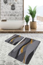 2'li Set Gold - Antrasit Zeminde Kanvas Motifli Altın Desenli Modern Klasik  2'li Banyo & Mutfak Paspas Takımı Realhomes