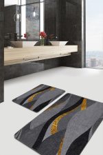 2'li Set Gold - Antrasit Zeminde Kanvas Motifli Altın Desenli Modern Klasik  2'li Banyo & Mutfak Paspas Takımı Realhomes