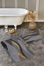 2'li Set Gold - Antrasit Zeminde Kanvas Motifli Altın Desenli Modern Klasik  2'li Banyo & Mutfak Paspas Takımı Realhomes