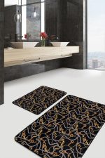 - PaspasTakimi-2li-Set1687-Gorsel-4 - Realhomes  2'li Set Siyah Zeminde Zincir Motifli Altın Desenli Modern Sade & Şık  2'li Banyo & Mutfak Paspas Takımı Realhomes