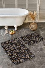 - Realhomes - Realhomes  2'li Set Siyah Zeminde Zincir Motifli Altın Desenli Modern Sade & Şık  2'li Banyo & Mutfak Paspas Takımı Realhomes