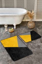 - Realhomes - Realhomes  2'li Set Sarı - Siyah Zeminde Geometrik Motifli Modern Desenli Geometrik Sade & Şık  2'li Banyo & Mutfak Paspas Takımı Realhomes