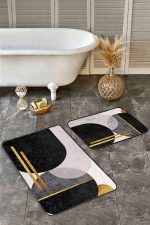 - Realhomes - Realhomes  2'li Set Siyah - Beyaz Zeminde Modern Motifli Boho Desenli Bohem Geometrik  2'li Banyo & Mutfak Paspas Takımı Realhomes