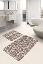 - PaspasTakimi-2li-Set1691-Gorsel-1 - Realhomes  2'li Set Krem Zeminde Floral Motifli Yaprak Desenli Floral Klasik  2'li Banyo & Mutfak Paspas Takımı Realhomes