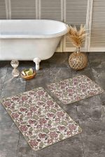 - Realhomes - Realhomes  2'li Set Krem Zeminde Floral Motifli Yaprak Desenli Floral Klasik  2'li Banyo & Mutfak Paspas Takımı Realhomes