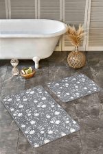 - Realhomes - Realhomes 2'li Set Gri - Beyaz Zeminde Yaprak Motifli Floral Desenli Floral Sade & Şık 2'li Banyo & Mutfak Paspas Takımı Realhomes