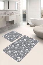 - PaspasTakimi-2li-Set1692-Gorsel-4 - Realhomes 2'li Set Gri - Beyaz Zeminde Yaprak Motifli Floral Desenli Floral Sade & Şık 2'li Banyo & Mutfak Paspas Takımı Realhomes