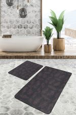 - PaspasTakimi-2li-Set1693-Gorsel-2 - Realhomes 2'li Set Krem - Kahverengi Zeminde Eskitme Motifli Yaprak Desenli Floral Sade & Şık 2'li Banyo & Mutfak Paspas Takımı Realhomes