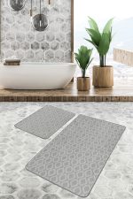 2'li Set Gri Zeminde Klasik Motifli Geometrik Desenli Geometrik Sade & Şık  2'li Banyo & Mutfak Paspas Takımı Realhomes