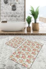 - PaspasTakimi-2li-Set1695-Gorsel-2 - Realhomes  2'li Set Gri Zeminde Yaprak Motifli Floral Desenli Floral Sade & Şık  2'li Banyo & Mutfak Paspas Takımı Realhomes