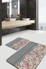 - PaspasTakimi-2li-Set1696-Gorsel-1 - Realhomes  2'li Set Siyah - Pembe Zeminde Geometrik Motifli Çiçek Desenli Geometrik Floral  2'li Banyo & Mutfak Paspas Takımı Realhomes