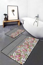 - PaspasTakimi-2li-Set1696-Gorsel - Realhomes  2'li Set Siyah - Pembe Zeminde Geometrik Motifli Çiçek Desenli Geometrik Floral  2'li Banyo & Mutfak Paspas Takımı Realhomes