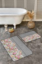 - Realhomes - Realhomes  2'li Set Siyah - Pembe Zeminde Geometrik Motifli Çiçek Desenli Geometrik Floral  2'li Banyo & Mutfak Paspas Takımı Realhomes