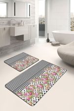 - PaspasTakimi-2li-Set1696-Gorsel-4 - Realhomes  2'li Set Siyah - Pembe Zeminde Geometrik Motifli Çiçek Desenli Geometrik Floral  2'li Banyo & Mutfak Paspas Takımı Realhomes