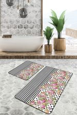 - PaspasTakimi-2li-Set1696-Gorsel-5 - Realhomes  2'li Set Siyah - Pembe Zeminde Geometrik Motifli Çiçek Desenli Geometrik Floral  2'li Banyo & Mutfak Paspas Takımı Realhomes