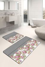 - PaspasTakimi-2li-Set1697-Gorsel-1 - Realhomes 2'li Set Siyah - Pembe Zeminde Çiçek Motifli Geometrik Desenli Floral Geometrik 2'li Banyo & Mutfak Paspas Takımı Realhomes