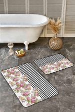 - Realhomes - Realhomes 2'li Set Siyah - Pembe Zeminde Çiçek Motifli Geometrik Desenli Floral Geometrik 2'li Banyo & Mutfak Paspas Takımı Realhomes
