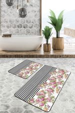 - PaspasTakimi-2li-Set1697-Gorsel-2 - Realhomes 2'li Set Siyah - Pembe Zeminde Çiçek Motifli Geometrik Desenli Floral Geometrik 2'li Banyo & Mutfak Paspas Takımı Realhomes