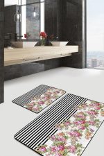 - PaspasTakimi-2li-Set1697-Gorsel-5 - Realhomes 2'li Set Siyah - Pembe Zeminde Çiçek Motifli Geometrik Desenli Floral Geometrik 2'li Banyo & Mutfak Paspas Takımı Realhomes