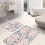 2'li Set Beyaz Zeminde Modern Motifli Geometrik Desenli Geometrik Sade & Şık  2'li Banyo & Mutfak Paspas Takımı Realhomes