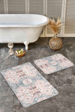 - Realhomes - Realhomes  2'li Set Pastel Zeminde Kanvas Motifli Etnik Desenli Klasik Etnik Motifler  2'li Banyo & Mutfak Paspas Takımı Realhomes