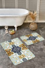 - Realhomes - Realhomes  2'li Set Bebek Mavi Zeminde Etnik Motifli Suluboya Desenli Vintage Klasik  2'li Banyo & Mutfak Paspas Takımı Realhomes