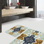 2'li Set Kırmızı Zeminde Kilim Motifli İran Desenli Eskitme Motifli Avangarde  2'li Banyo & Mutfak Paspas Takımı Realhomes