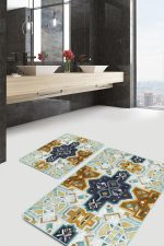 - PaspasTakimi-2li-Set1701-Gorsel - Realhomes  2'li Set Bebek Mavi Zeminde Etnik Motifli Suluboya Desenli Vintage Klasik  2'li Banyo & Mutfak Paspas Takımı Realhomes