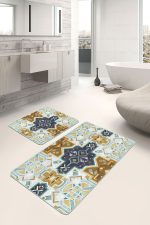 - PaspasTakimi-2li-Set1701-Gorsel-2 - Realhomes  2'li Set Bebek Mavi Zeminde Etnik Motifli Suluboya Desenli Vintage Klasik  2'li Banyo & Mutfak Paspas Takımı Realhomes