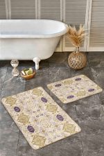 - Realhomes - Realhomes  2'li Set Pastel Zeminde Etnik Motifli Suluboya Desenli      2'li Banyo & Mutfak Paspas Takımı Realhomes