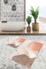 2'li Set Kahverengi - Ekru Zeminde Bohem Motifli Kanvas Desenli Bohem Sade & Şık  2'li Banyo & Mutfak Paspas Takımı Realhomes