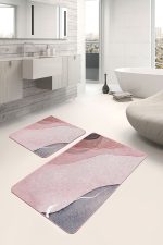 2'li Set Yavruağzı Zeminde Kanvas Motifli Boyama Desenli Bohem Sade & Şık  2'li Banyo & Mutfak Paspas Takımı Realhomes