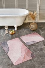 2'li Set Yavruağzı Zeminde Kanvas Motifli Boyama Desenli Bohem Sade & Şık  2'li Banyo & Mutfak Paspas Takımı Realhomes