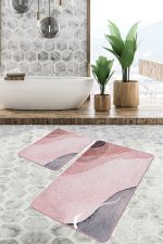 2'li Set Yavruağzı Zeminde Kanvas Motifli Boyama Desenli Bohem Sade & Şık  2'li Banyo & Mutfak Paspas Takımı Realhomes