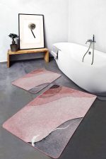 2'li Set Yavruağzı Zeminde Kanvas Motifli Boyama Desenli Bohem Sade & Şık  2'li Banyo & Mutfak Paspas Takımı Realhomes