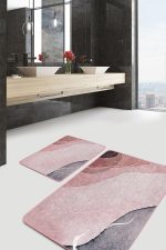 2'li Set Yavruağzı Zeminde Kanvas Motifli Boyama Desenli Bohem Sade & Şık  2'li Banyo & Mutfak Paspas Takımı Realhomes